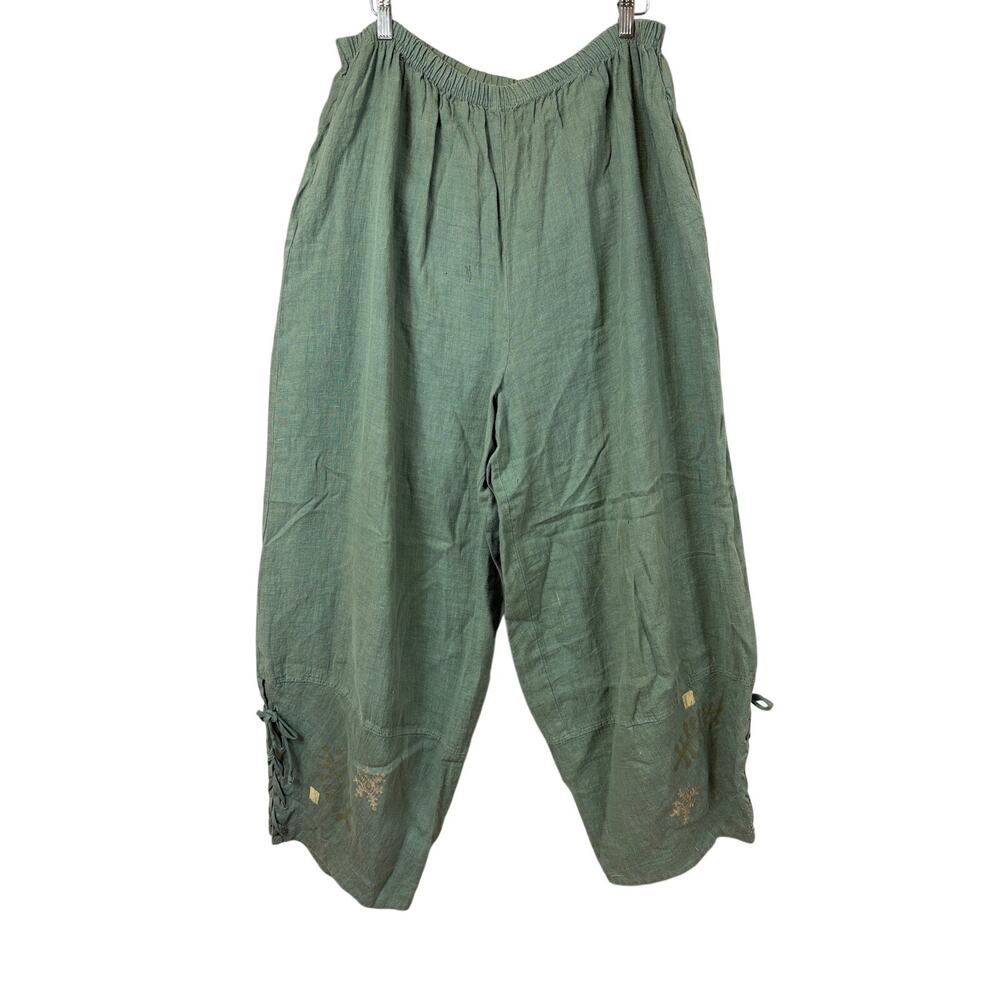 Bluefish Sage Green Linen Tie Leg Pants Metallic Embellishments Size XL USA